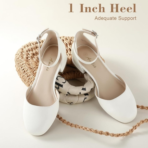 Ankis White PU Ankle Strap 1" Block Heel Shoes, Size 7.5, NIB - Picture 2 of 6